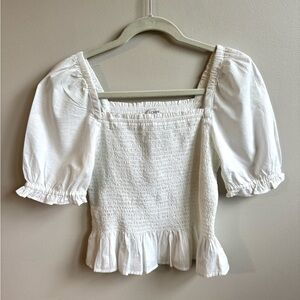 J. Crew White Puff Sleeve Smocked Blouse